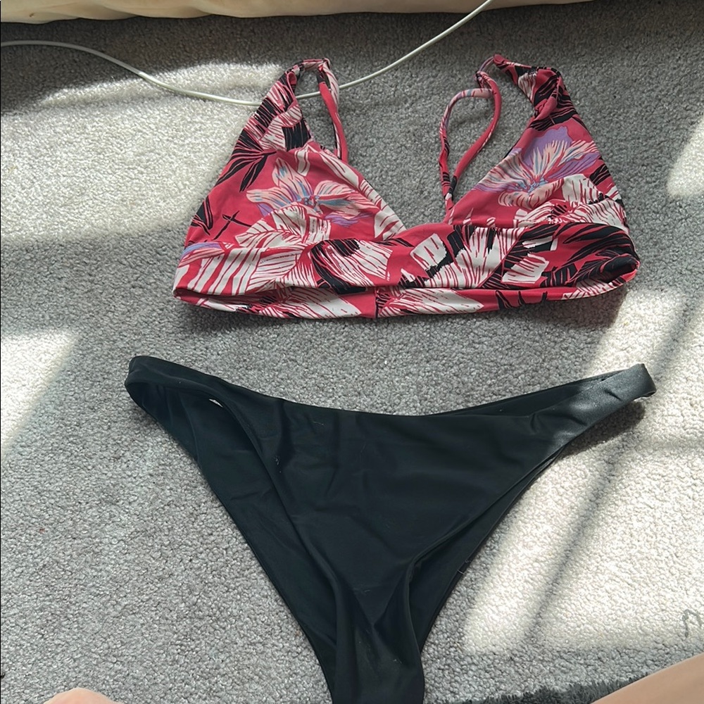 Floral Pink and Black Bikini Set